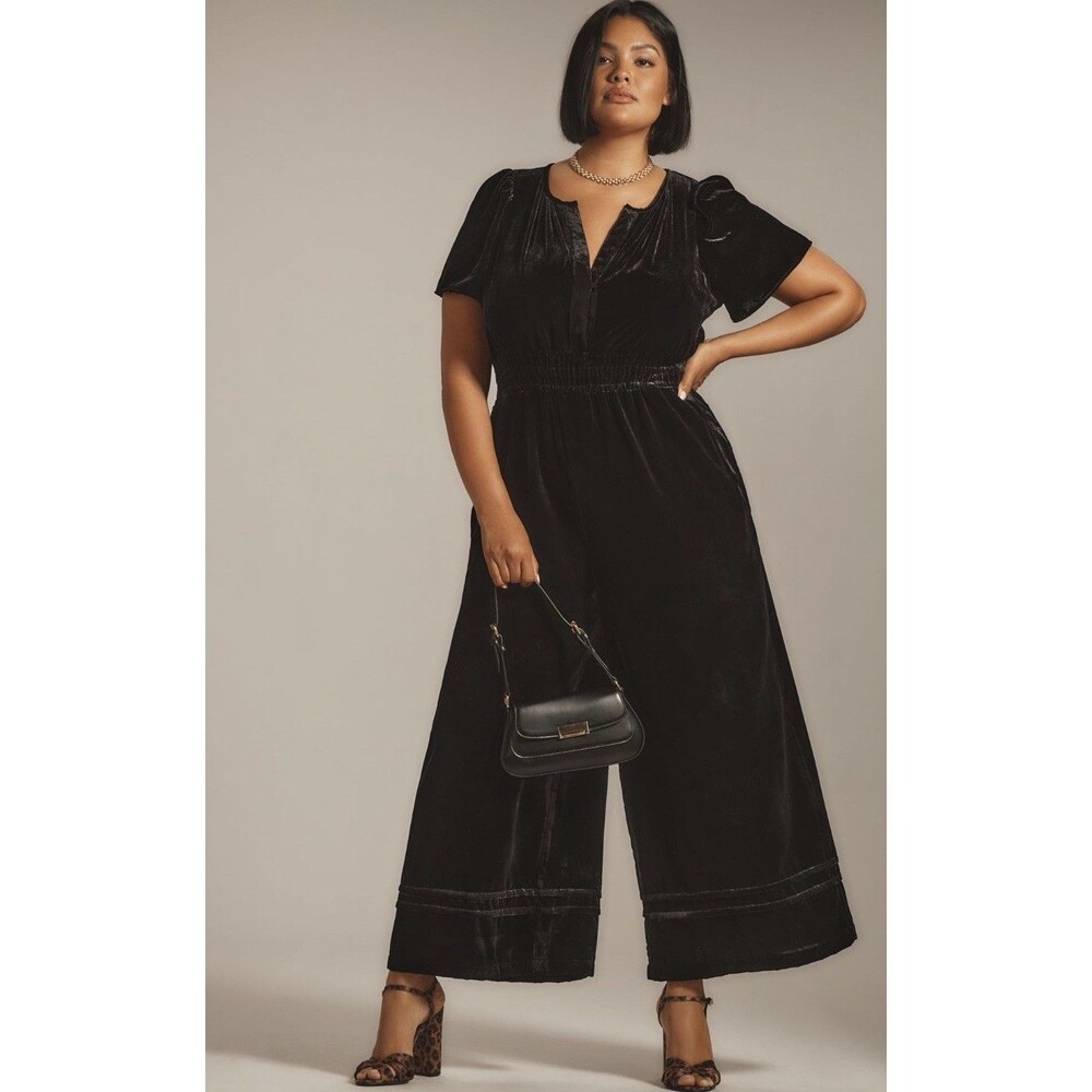 Anthropologie Jumpsuit Black The Somerset Velvet Edition Retro Boho Size XL NWT